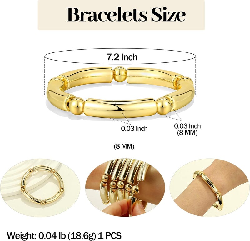 Badu Gold Chunky Bangles Bracelets For Women 14k Gold Plated Stack Layered Curved Bamboo Tube Stretch Bracelets Gift Jewelry - Image 2